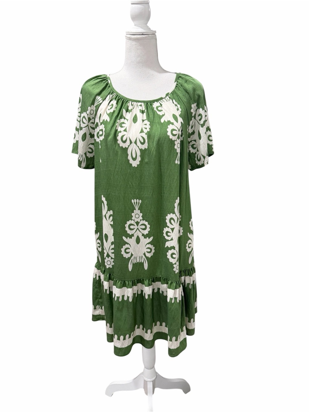 SHEIN Green Short Sleeve Boho Shift Dress with White Damask Print Size 4 Small